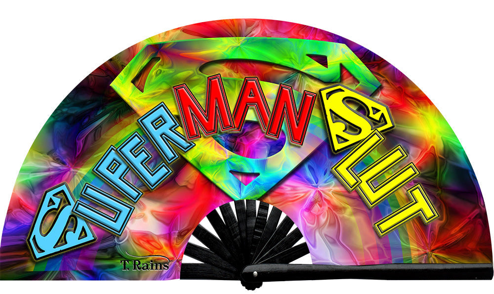 Super Man Slut fan, from Traver Rain's T. Rains Collection, by Wear It! Blacklight / UV responsive!  Find your party accessories for your next rave, music festival, circuit party, or night out at the club at Wear It Apparel! The only place for custom hand fans, plastic fans, bamboo fans, and metal hand fans, neon parasols, and custom parasols and the only place for neon & blacklight fans and parasols. Clack that fan away. #NowWearIt #Clackthatfan